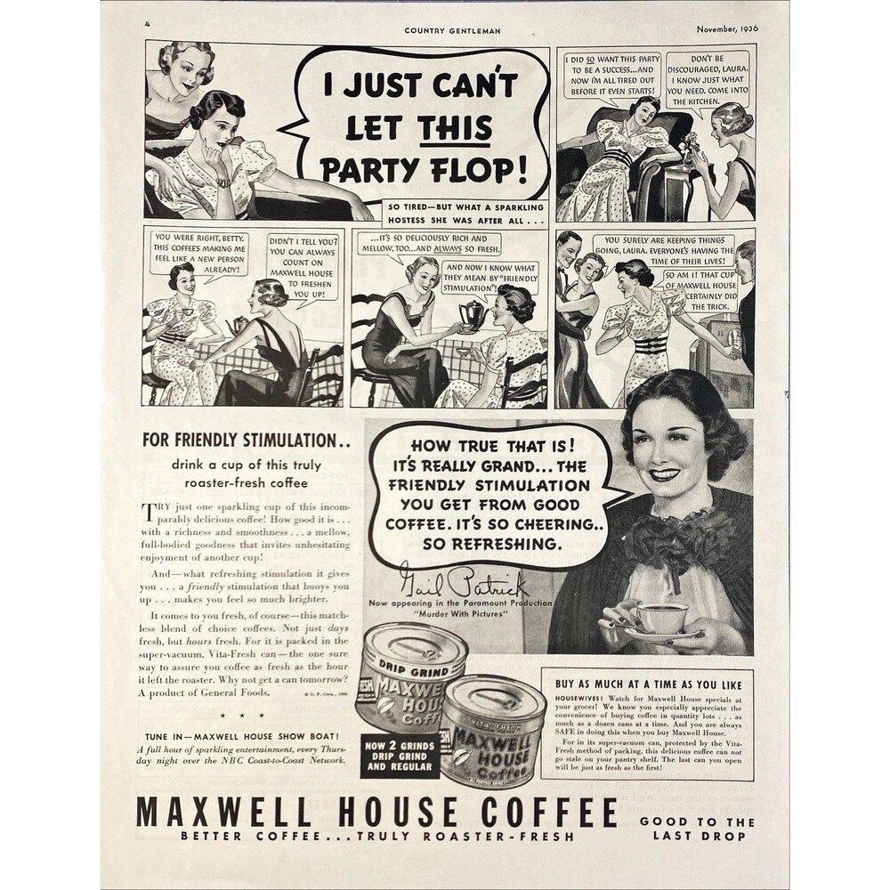 Maxwell House Coffee "For Friendly Stimulation" Vintage Print Ad 1936